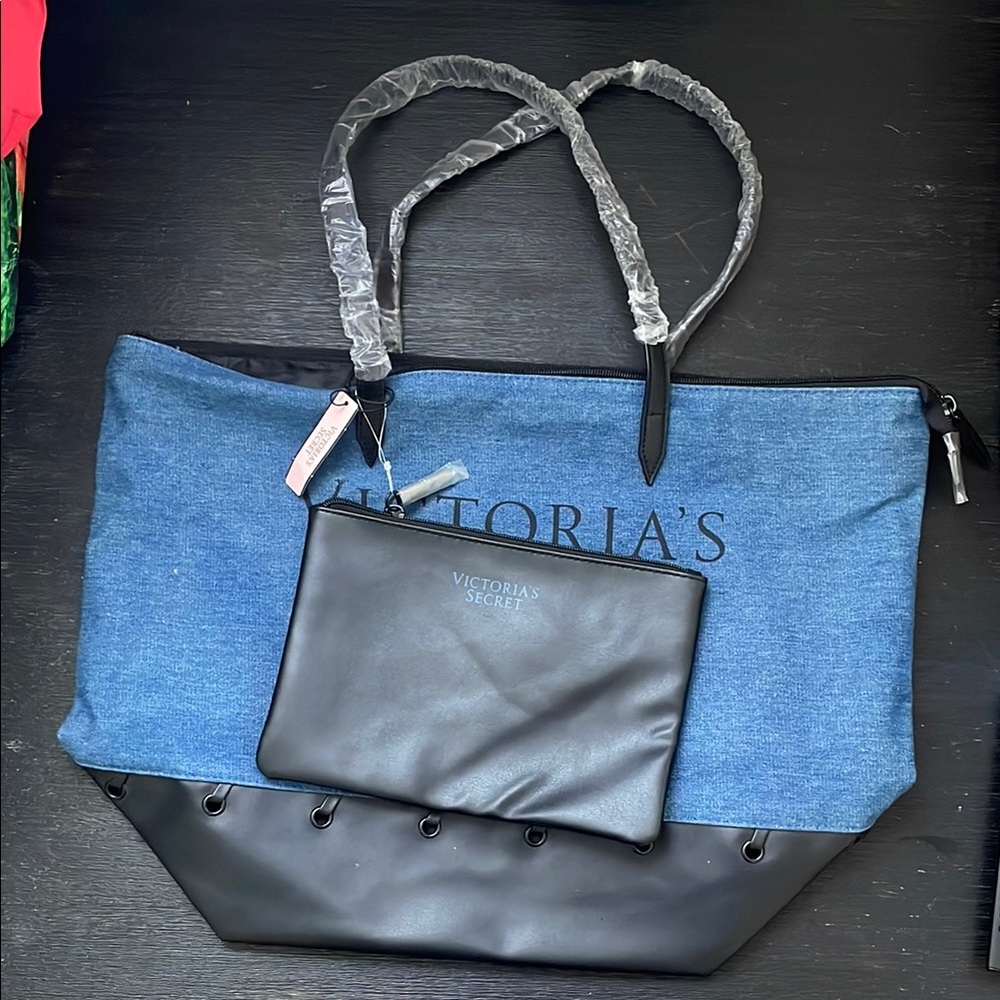 Victoria's Secret Blue and Black Denim Tote